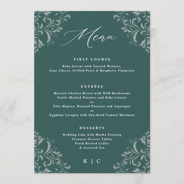 Elegante Emerald Green Casamento vintage Menus (Frente)
