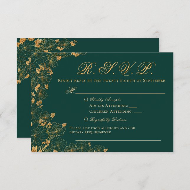 Elegante Emerald Green e Dourada RSVP Floral (Frente/Verso)