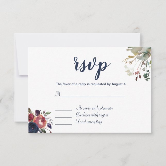 Elegante Enclosure de RSVP Boho Burgundy Navy Flor (Frente)