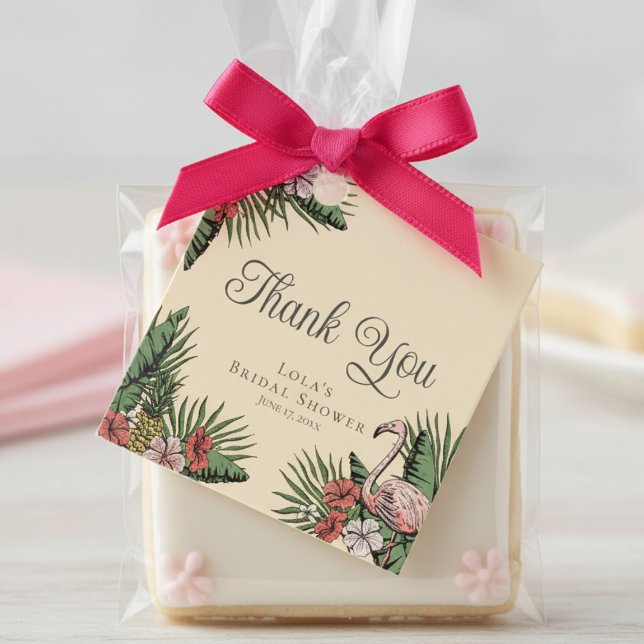 Elegante Etiqueta de Agradecimento de Chuveiro de  (Tropical Floral Pink Flamingo Bridal Shower Thank You Favor Tags. Elegant Hibiscus, Leaves & Foliage)