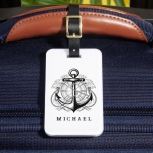 Elegante etiqueta de mala com âncora para viagens