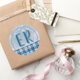 Elegante Etiqueta Monograma Azul Natal