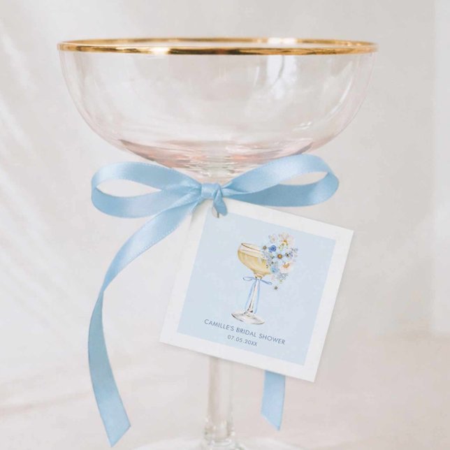 Elegante Etiqueta Quadrada de Favor de Café da Noi (Blue Bubbly Bridal Shower Favor Tag)