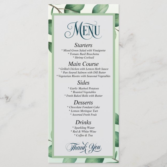Elegante Eucalyptus Deixa Menu Moderno de Casament (Frente)