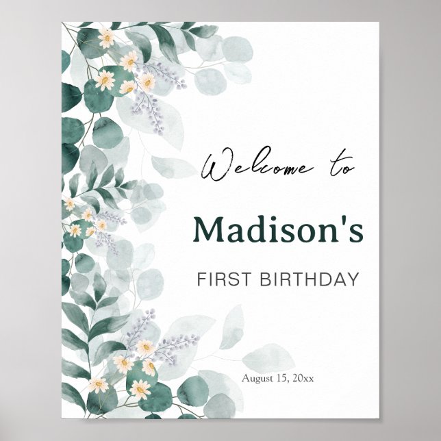 Elegante Eucalyptus Fisrt Birthday Poster de Boas- (Frente)