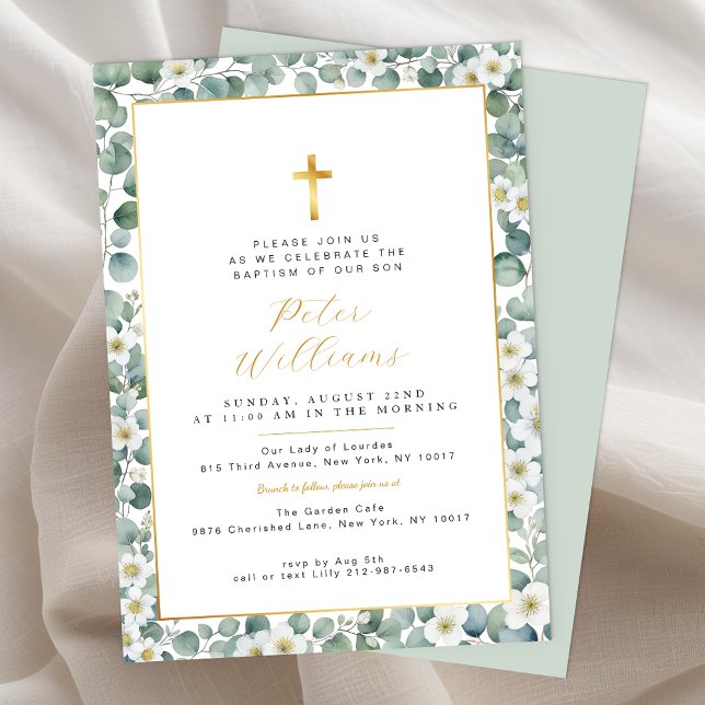 Elegante Eucalyptus Greenery Baptism Convite (Gold Cross Eucalyptus Baptism Invitation)
