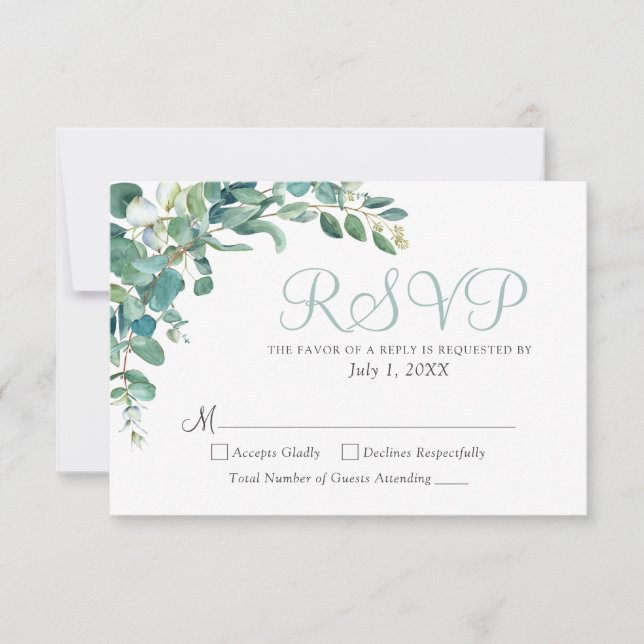 Elegante Eucalyptus Greenery deixa RSVP de Casamen (Frente)
