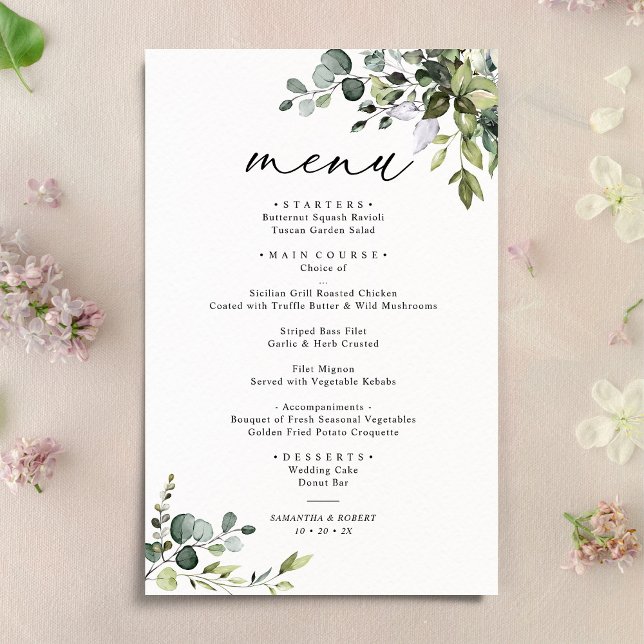 Elegante Eucalyptus Greenery Simple WedMenu (Criador carregado)