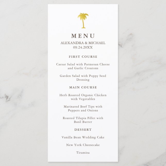 Elegante Faux Dourado Palm Tree Weding Menu | Verd (Frente)