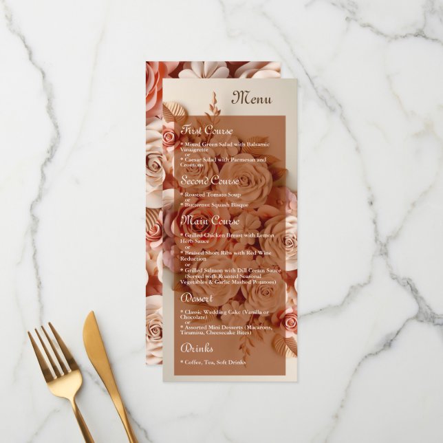 Elegante Flat Wedding Menu com flores 3D (Frente/Verso In Situ)