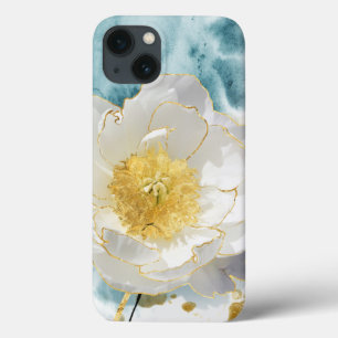 Elegante Flor Branca Simples Luxo Dourado Aquarela