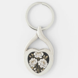 Elegante Flor de Rosa Branca e Dourada chaveiro em