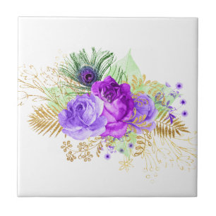 Elegante Flor de Rosa Roxa Folhas Douradas Floral