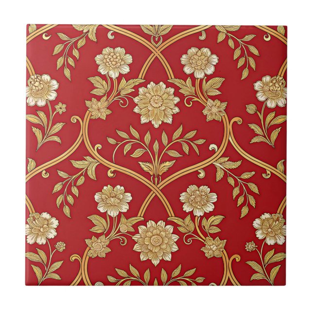 Elegante Flor de Treliça Dourada Vermelha (1) (Frente)