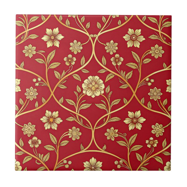 Elegante Flor de Treliça Dourada Vermelha (2) (Frente)