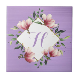 Elegante Flor Monograma Inicial Rosa Roxo