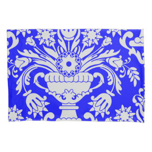 Elegante Floral Azul e Branco Damasco
