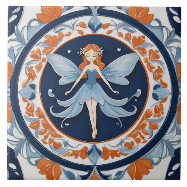 Elegante Floral Azul e Laranja Fada (Frente)