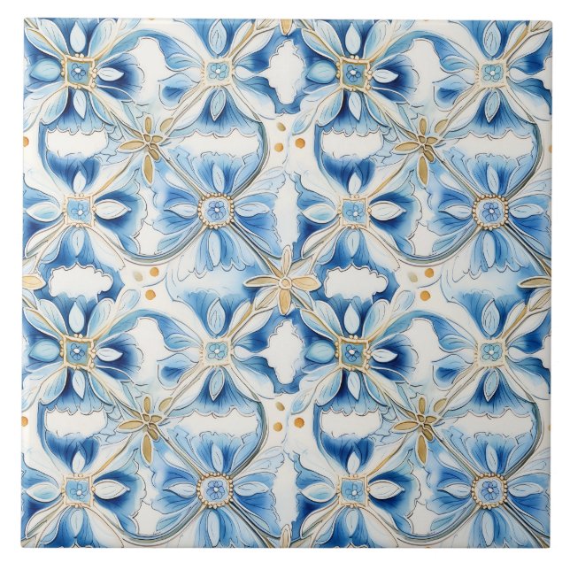 Elegante Floral Azul Mediterrâneo (Frente)