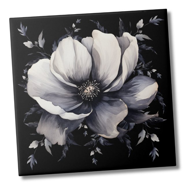 Elegante Floral Branco e Preto (Unique Modern Elegant White Black Floral ceramic tile)