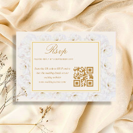 Elegante Floral Branco Marfim Dourado QR RSVP