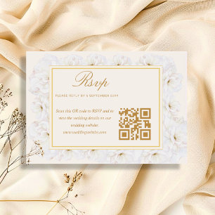 Elegante Floral Branco Marfim Dourado QR RSVP