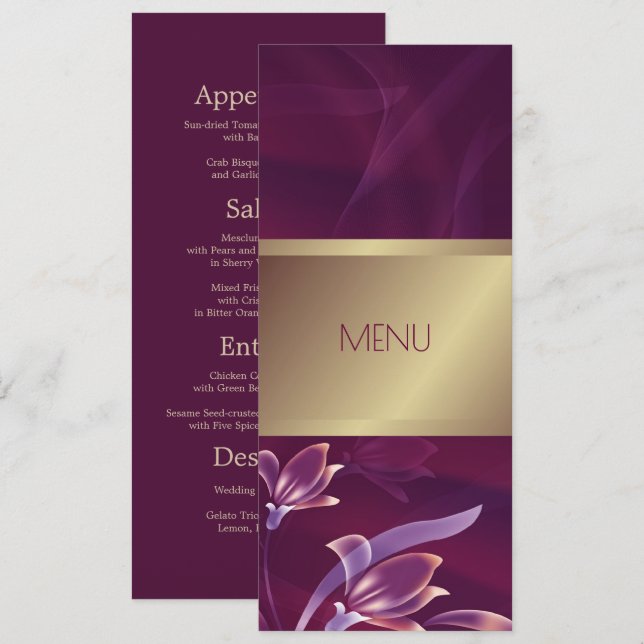 Elegante Floral Burgundy | Cartão de menu Dourado (Frente/Verso)