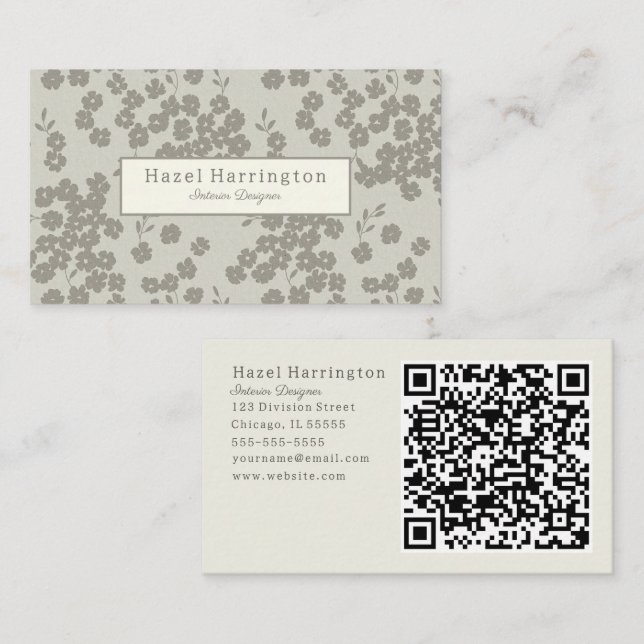 Elegante Floral Código QR Cartão de visita Neutro (Frente/Verso)
