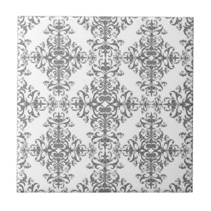 Elegante Floral Damask Vitoriano em Cinza e Branco