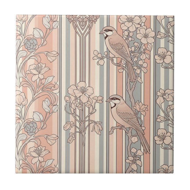 Elegante Floral de Ave com Listras de Pêssego (3) (Frente)