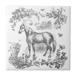 Elegante Floral de Cavalo Branco Preto Vintage