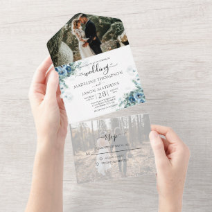 Elegante Floral Dusty Foto Azul Rsvp Casamento Tud