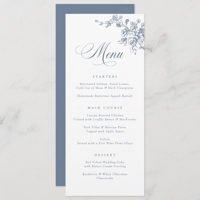 Elegante Floral French Vintage Toile Menu Botânico (Frente/Verso)