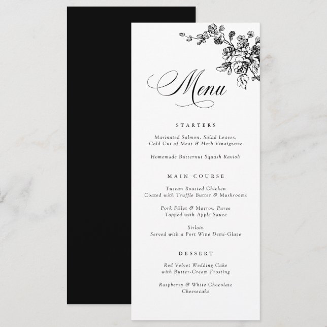 Elegante Floral French Vintage Toile Menu Botânico (Frente/Verso)