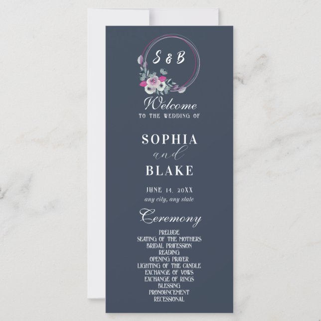 Elegante Floral Monogrammed Blue Weding Program (Frente)