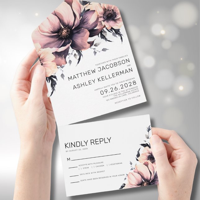 Elegante Floral Rosa Bege  (Simple Modern Boho Floral Pink Wedding All in One Invitation)