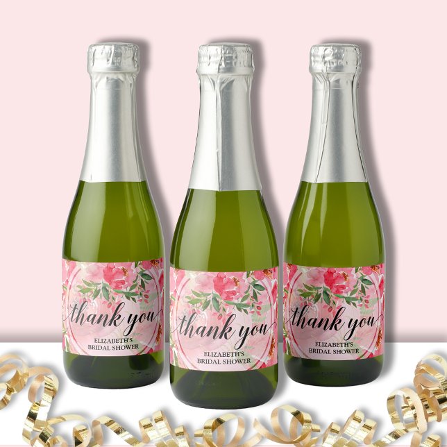 Elegante Floral Rosa Mini Champanhe para Noiva (Pink peonies floral bridal shower mini champagne bottle labels)
