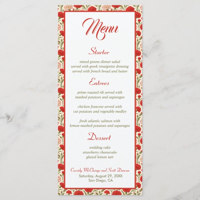 Elegante Floral Vermelho Cárnação Flores Menu Casa (Frente)