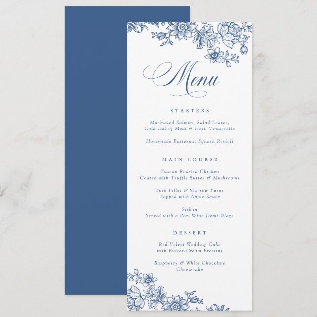 Elegante Floral Vintage Blue Menu Botânico (Frente/Verso)