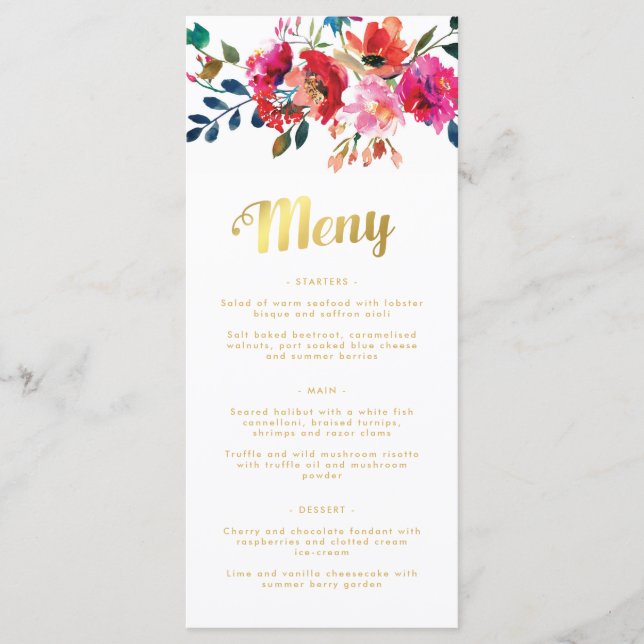 Elegante Floral Watercolor Menu de Casamento Sueco (Frente)