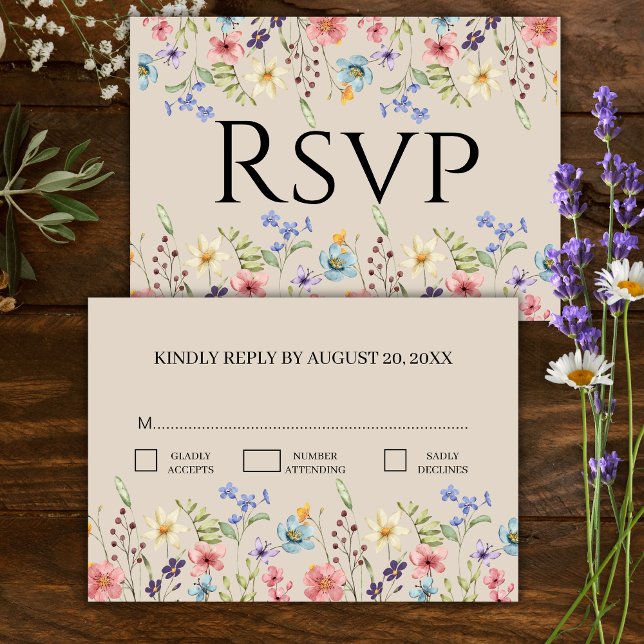 Elegante Floral Wildflower Beige Wedding RSVP (Criador carregado)