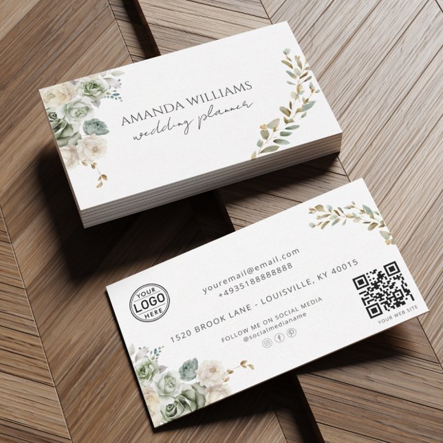 Elegante Flores Verdes Código QR Cartão de visita  (Criador carregado)