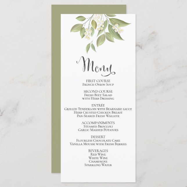Elegante Foliage Sage Greenery deixa Menu Casament (Frente/Verso)