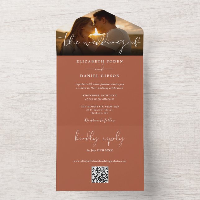 Elegante Foto de Casamento Terracota com Código QR (Interno)