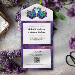 Elegante Foto Eco QR Casamento Pavão Roxo Dourado