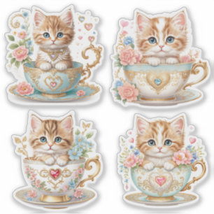 Elegante Gatinho em Xícara de Chá Adesivos -  Desi