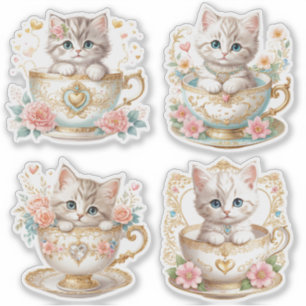 Elegante Gatinho em Xícara de Chá Adesivos -  Desi