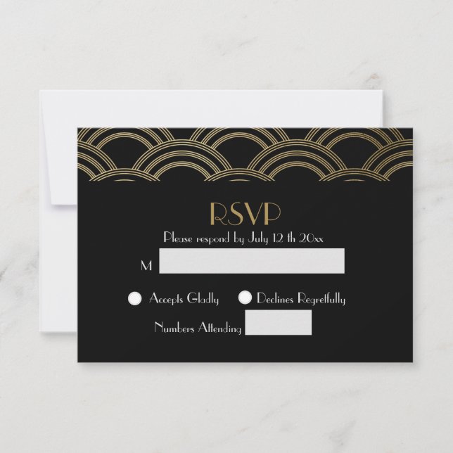 Elegante Gatsby Art Deco Casamento Dourado RSVP (Frente)