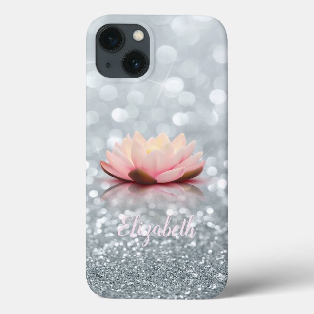 Elegante Girly Silver Glittery Bokeh Lotus (Verso)