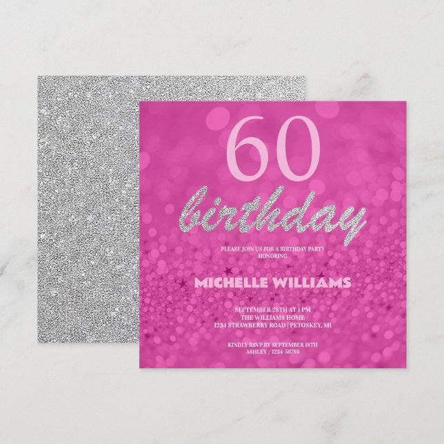 Elegante Glitter Prata Rosa Caligrafia Aniversário (Frente/Verso)